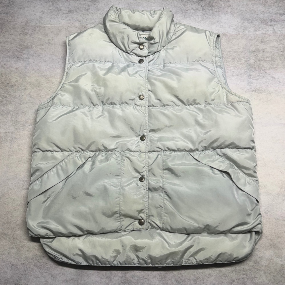 VTG LL Bean Goose Down Puffer Women Medium Green Quilted Snap Front Outdoor Vest